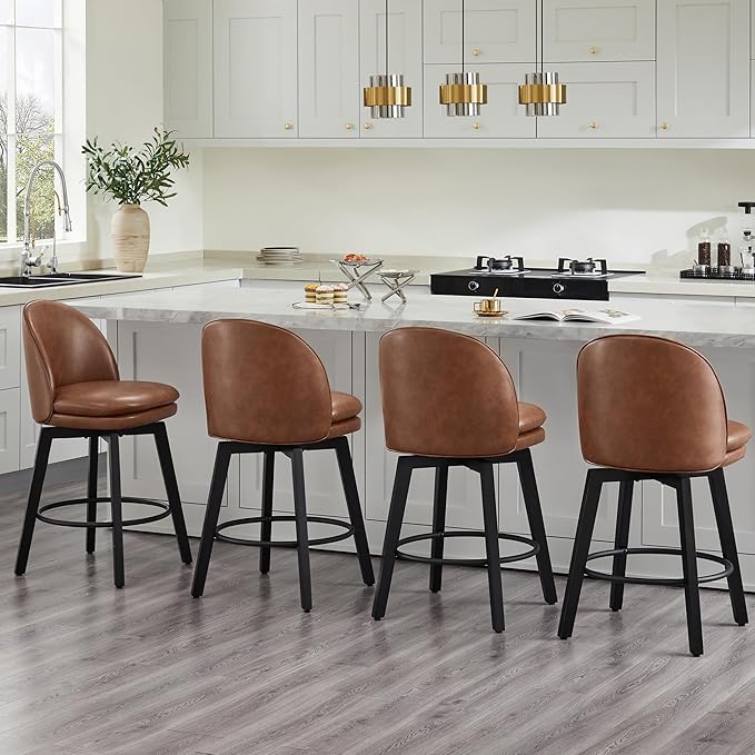 Counter Height Barstools 26 inch Upholstered Swivel Bar Stools with Back and Wood Legs for Kitchen Island,Set of 2,Brown PU Leather-Armless