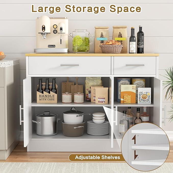 Shintenchi 3 Doors Farmhouse Sideboard Buffet Cabinet,42" Barn Doors Buffet Cabinet with Storage,Wood Coffee Bar Cabinet with Adjustable Shelf for Kitchen,Living Room,White
