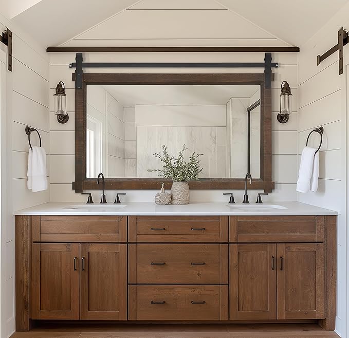 Bathroom Barn Door Mirror: 42"x28" Brown Farmhouse Wood Frame - Rustic Wall Mirror for Entryway/Living Room Wall Decor