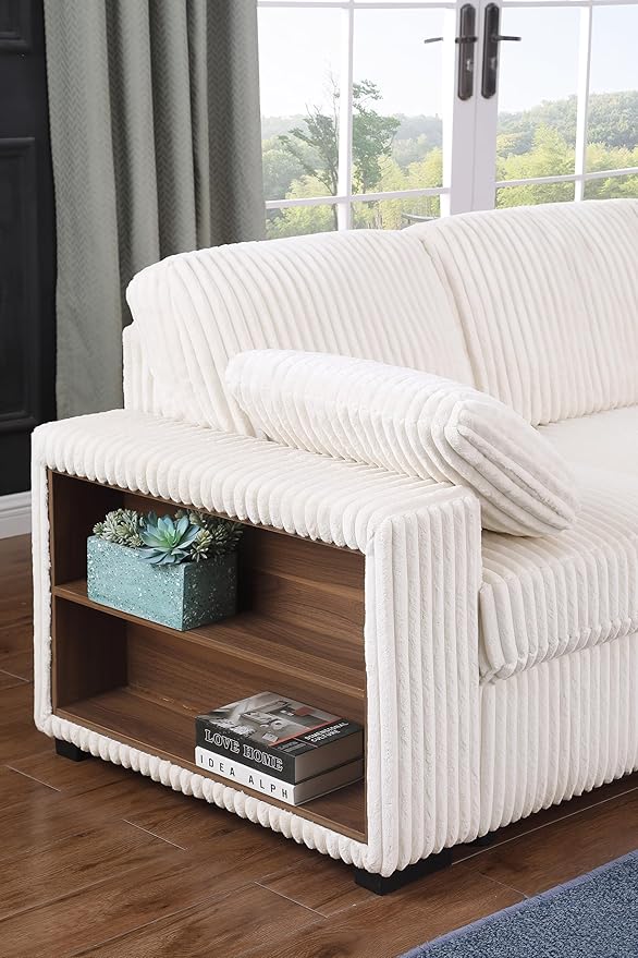Eafurn Oversized Convertible U Shaped Sleeper Sectional Sofa Pull Out Couch Bed, 6 Seater Corduroy Upholstered Pullout Lounge Sofa Couch Sofabed w/Storage Chaise, Shelves for Living Room Apartment