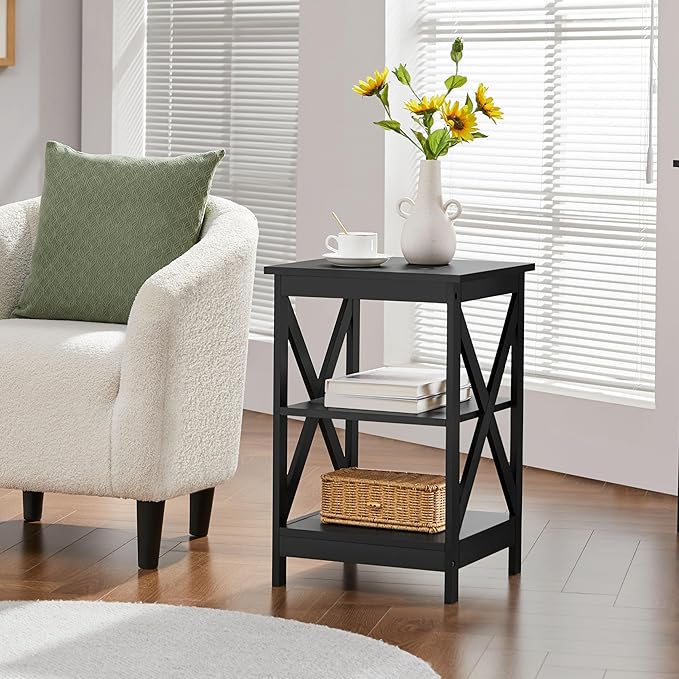 Yaheetech 3 Tier Sofa Side End Table with Shelf, X Shape Chair Side Coffee Snack Table for Living Room, Display Unit Organizer, Black