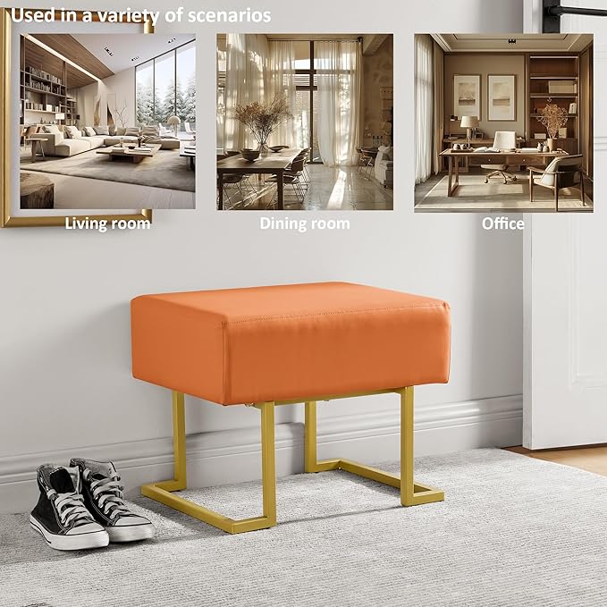 Modern Style Bedroom Single Seat Bench, Cushioned Bed end Stool, Living Room Sofa Stool, Footstool with Golden Iron Legs, Suitable for Bedroom and Living Room (Orange, 21.65"x15.74"X16.53")