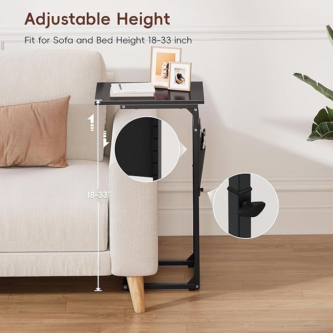 VAGUSICC C Shaped End Table, 33"Tall Side Table for Couch, Adjustable Height Sofa Table Small Couch Side Tables, Laptop Recliner Tables Slide Under Sofa TV Tray Arm Table for Living Room Bedroom,Black