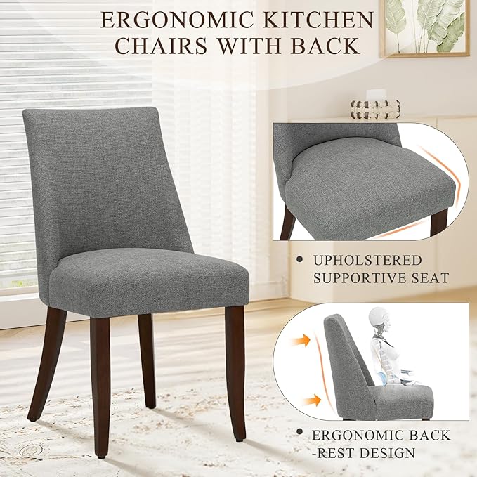 COLAMY Upholstered Dining Chairs Set of 2, Mid Century Modern Kitchen Chairs with Back, Farmhouse Fabric Side Dining Room Chairs with Wood Legs for Dining Room Restaurant, Light Grey
