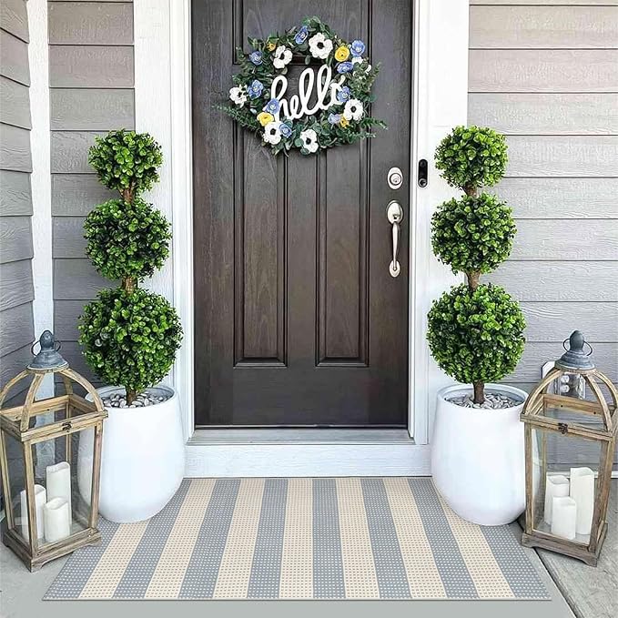 OJIA Outdoor Porch Rug Front Door Mat 24'x51, Washable Checkered Entry Striped Front Door Rug Cotton Woven Kitchen Carpet Small Area Rug for Entryway Patio Bedroom Bathroom (Blue/White/Tan)