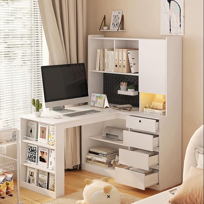 KEIKI L Shaped Home Office Desks with LED Light, Pegboard, Hutch, Drawers, Bookshelf & Storage Shelves, Modern Wooden Gaming Computer Corner Table for Work, Study, Writing