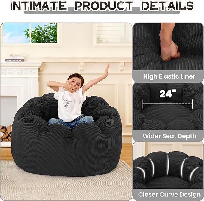 HABUTWAY Giant Bean Bag Chair for Adults/Kids/Teens, Pumpkin Bean Bag Couch Comfy Reading Chair for Bedroom, Corduroy Lazy Sofa Loughe Chair with Wider Seat Depth & Non-Slip Bottom (Black)