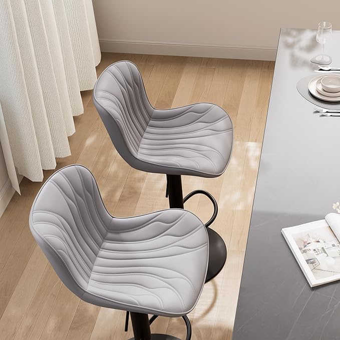 YOUNIKE Grey Bar Stools Set of 6 Modern Swivel Counter Height Bar Chair with Back Adjustable Kitchen Island Faux Leather Padded Barstools taburetes de bar Breakfast sillas para barra de cocina 6PCS