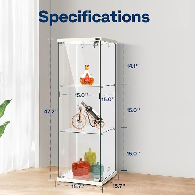 VIVOHOME 3 Layers 15.7''W x 15.7''D x 47.2''H Glass Display Cabinet Countertop Showcase with Lock, 5mm Tempered Glass 25mm MDF Base