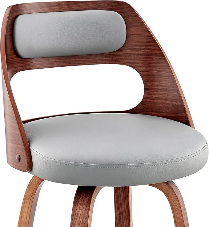 Armen Living Julius Mid Century Modern Swivel Bar Stool for Kitchen Island Counter in Gray Faux Leather and Walnut Wood, 26" Seat Height