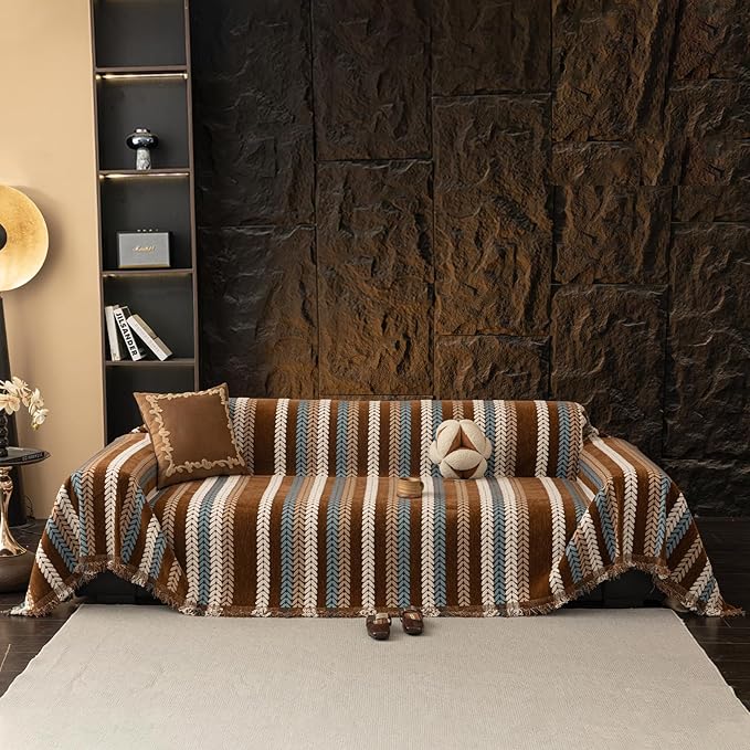 STACYPIK Khaki Jacquard Leaves Sofa Cover, Vintage Couch Cover for Dogs, Washable Pet Protector for 3 Cushion Couch, Non-slip Chenille Sofa Covers for Loveseat, Boho Couch Cover for Sectional-71X134IN
