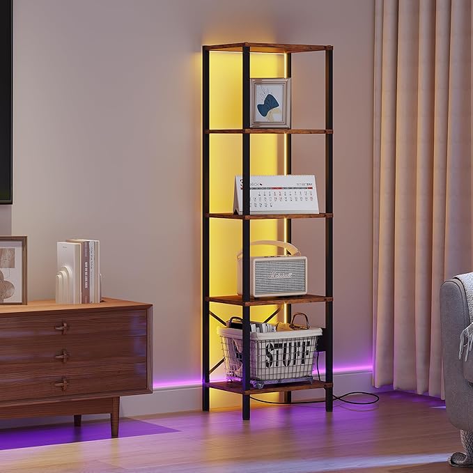 5-Tier Bookshelf, Tall Narrow Bookcase with LED Lights, Book Shelf with Steel Frame, Office Furniture, Display Storage Shelf for Living Room, Bedroom, Study, Balcony, Rustic Brown