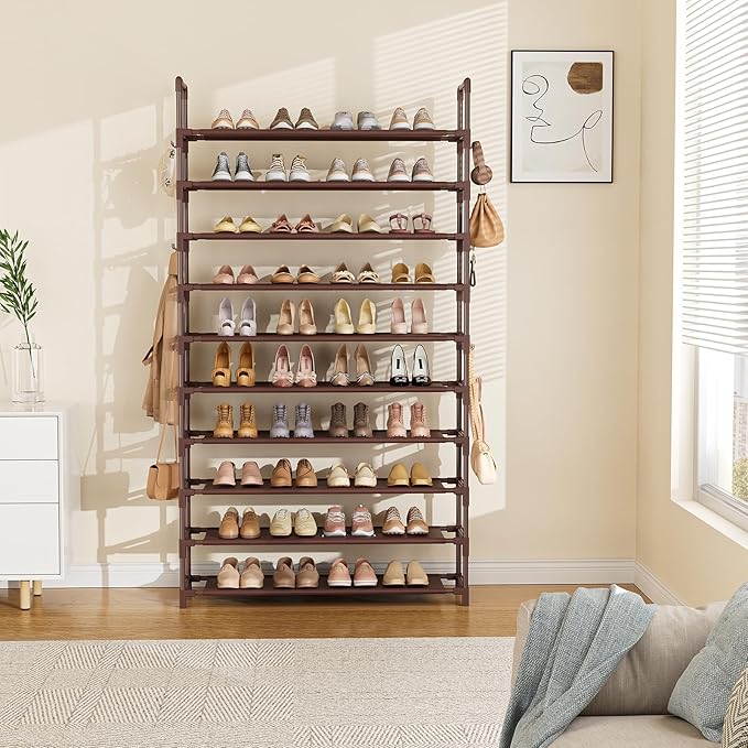 Tall Shoe Rack 10 Tier Shoe Organizer Large Shoe Shelf with 18 Hooks Storage for 50 Pair Sneaker and Boot, Stackable Vertical Shoe Rack Organizer for Closet, Entryway, Bedroom, Brown