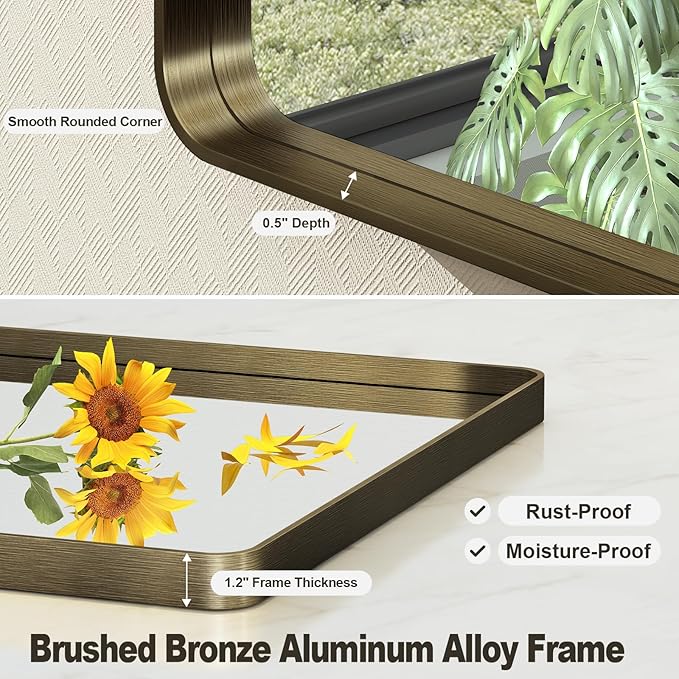 22x30 Inch Bronze Framed Bathroom Mirror, Brushed Bronze Metal Vanity Mirror, Bronze Rectangle Mirror, Rounded Corner, Tempered Glass, Anti-Rust, Shatterproof (Horizontal/Vertical)