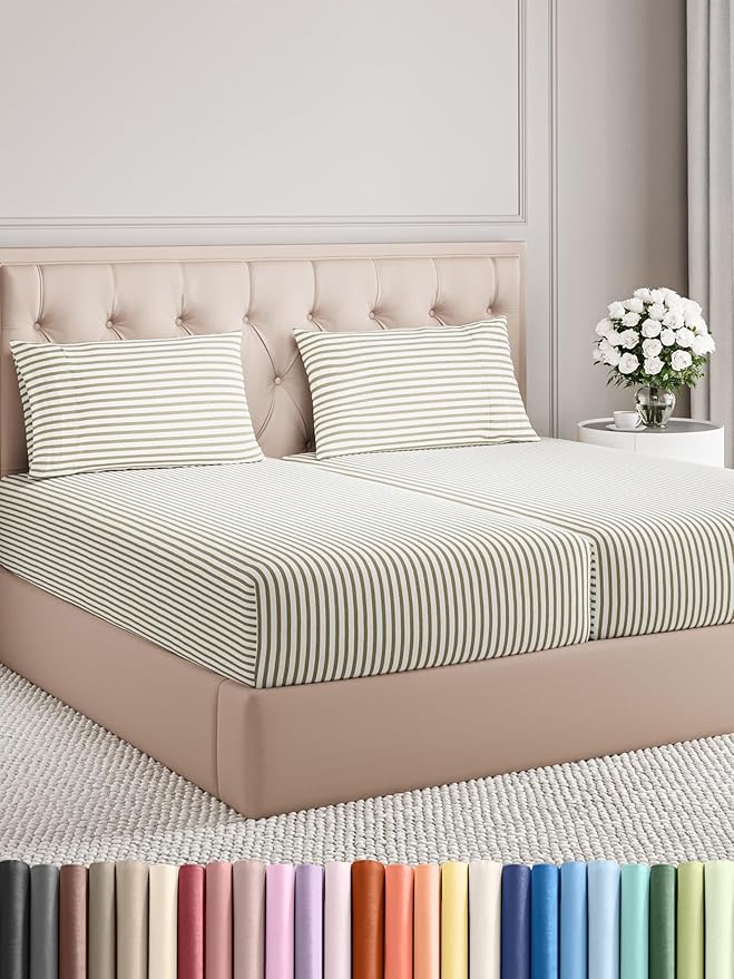 Split King Size 5 Piece Sheet Set - Comfy Breathable & Cooling Bed Sheets Set - Hotel Luxury Bedding for Women, Men, Kids, Teens, Boys & Girls - Deep Pockets, Soft and Wrinkle Free - Beige Stripes 2