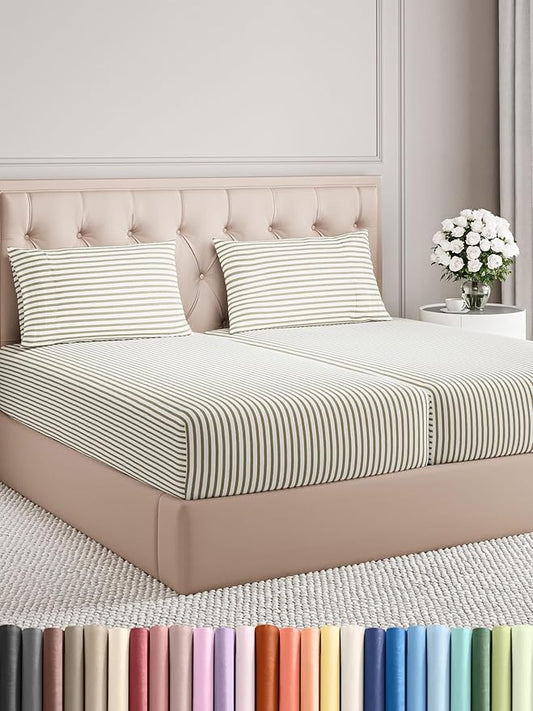 Split King Size 5 Piece Sheet Set - Comfy Breathable & Cooling Bed Sheets Set - Hotel Luxury Bedding for Women, Men, Kids, Teens, Boys & Girls - Deep Pockets, Soft and Wrinkle Free - Beige Stripes 2