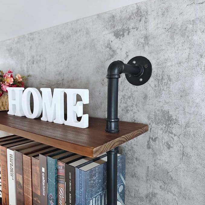 Pipe Industrial Shelves, Wall Mounted Wood Metal Ladder Rustic Bookshelf (Walnut Color, 6 Tier - 10" D x 30" W x 82.5" H)