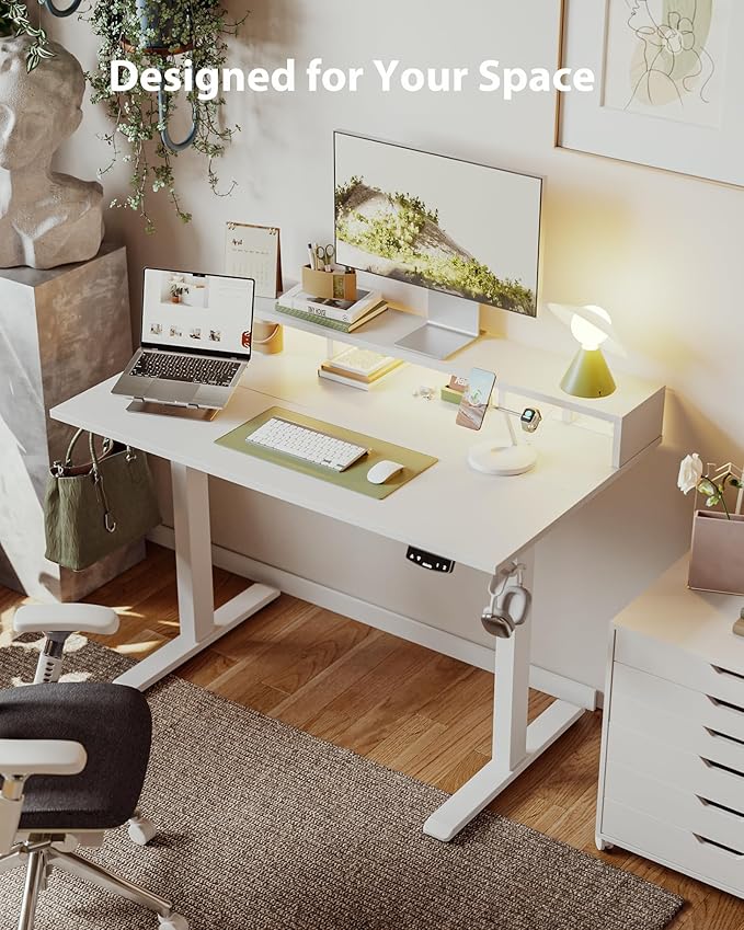 Electric Height Adjustable Standing Desk with Power Outlet and LED Light Strip, Sit to Stand, Ergonomic 48x24 Rising Desk with Memory Presets, Home Office Workstation, Computer Gaming Table, White