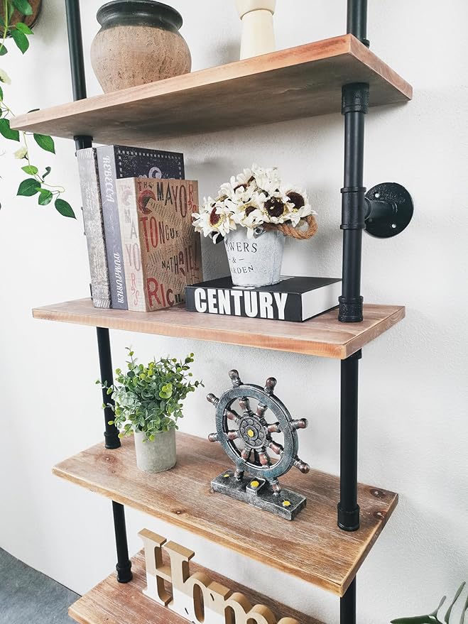 Industrial Ladder Pipe Shelves, Wall Mounted Rustic Bookshelf, Retro Metal Wood Bookcases (Weathered Brown, 6 Tier - 10" D x 24" W x 82.5" H)