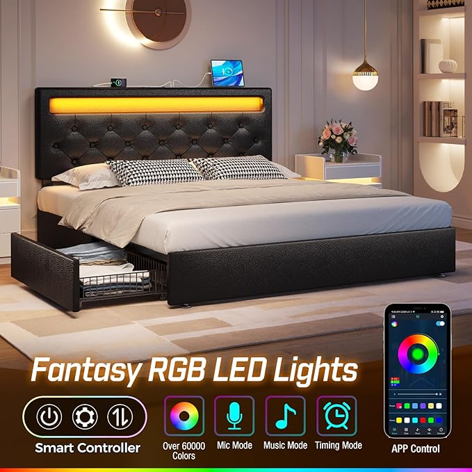 Rolanstar Full Size Bed Frame with 4 Storage Drawers and Charging Station, Full Bed with Led Lights, 2 USB & 1 Type C, Adjustable Headboard 38.9/40.8 Inches, No Box Spring Needed, Black