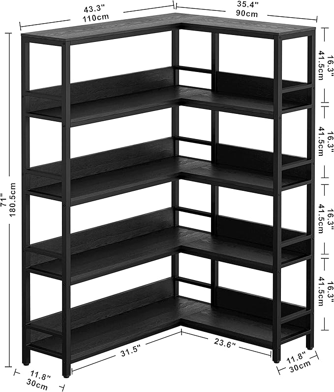 IRONCK Industrial Bookshelves 5 Tiers Corner Bookcases with Baffles Etagere Shelf Storage Rack with Metal Frame for Living Room Home Office