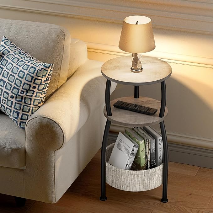 Round Side Table with Storage Basket –Small Space Saving End Table 3-Tier Coffee Table Bedside Corner Stand for Living Room, Bedroom, Garden and More 24in Tall Greige