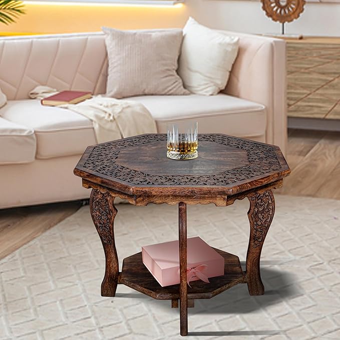 The Wooden Town Farmhouse Octagon Accent End Table, Rustic Side Table Nightstands for Living Room, Bedroom, Foldable Coffee Tables with Carving, Wood Tray Top, Handcrafted Finish, 24"x24"x18" - Burnt