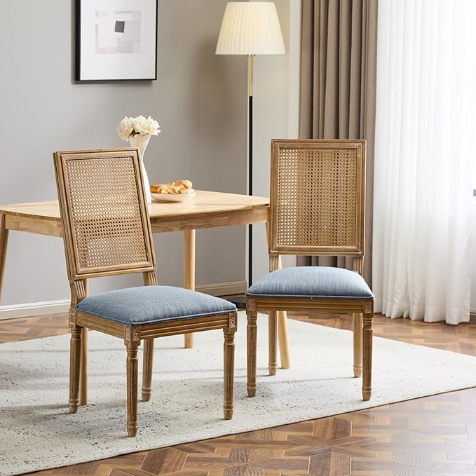 Merax Upholstered Solid Wood Dining Chairs Set of 2, French Country Style Accent Side Seating Furniture for Kitchen, Living Room, Wicker Back, Slate Blue