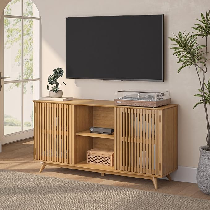 Plank+Beam Mid-Century Modern Wood TV Stand, Solid Wood Entertainment Console with Storage, 59" L x 16" W x 30" H, Pecan