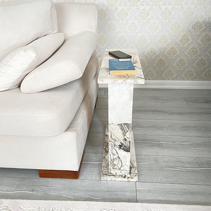 Very Narrow Side Table for Living Room, Small Apartment Space Between Chairs Skinny Table for Recliner, Couch, Armchair, Thin Slim End Table for Living Room, Bedroom, Beverages (White Marble)