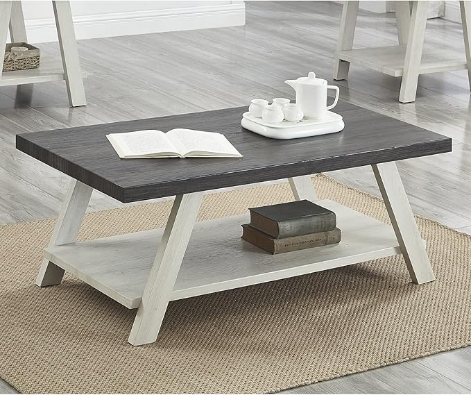 Roundhill Furniture Athens Contemporary Wood Shelf Coffee Table, Weathered Charcoal and Beige