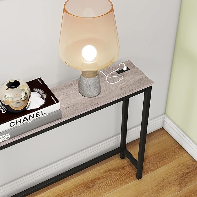 HOMERECOMMEND Sofa Tables Console Table with USB Ports,Behind Couch Table with Oulets & USB Ports,Narrow Entryway Table, Skinny Hallway Tables,Grey