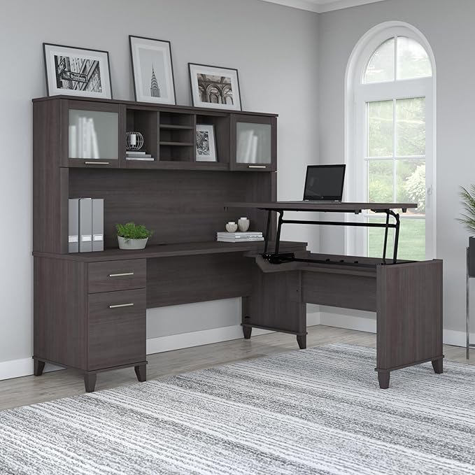 Bush Furniture Somerset 3 Position Sit to Stand L Shaped Desk with Hutch in Storm Gray | Ergonomic Height Adjustable Standing Computer/Laptop Table for Home Office