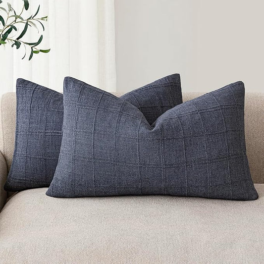 Foindtower Set of 2 Decorative Linen Check Throw Pillow Covers Neutral Farmhouse Lumbar Cushion Covers Modern Boho Home Decor for Sofa Chair Couch Bedroom Living Room Outdoor,12×20 Inch,Navy Blue