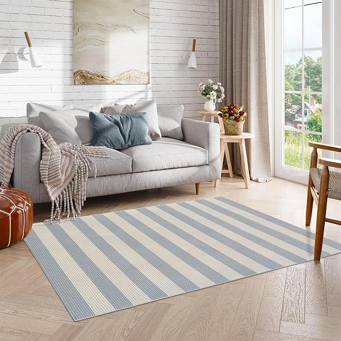 OJIA Washable Area Rugs 4'x6', Striped Outdoor Rug Cotton Woven Entryway Rugs Indoor Patio Rugs Carpet Large Area Rugs for Bedroom/Porch/Deck/Backyard/Camping/Living Room (Blue/White/Tan)