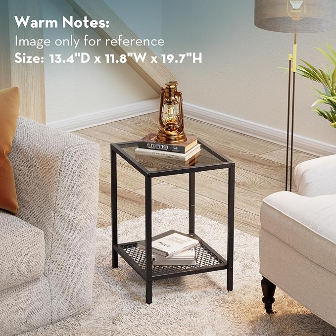 SAYGOER Small Side Table Glass End Table with Mesh Storage Shelf for Small Spaces Modern, 13.4" x11.8" x19.7", 2-Tier Square Bed Nightstand Couch Table for Living Room Bedroom, Gray