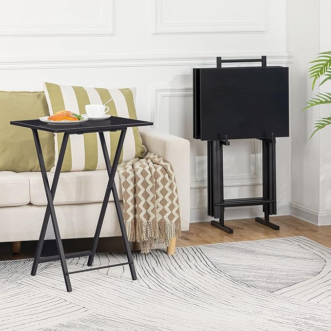 HOOBRO Folding TV Tray Tables, Set of 4 TV Trays with Storage Rack, Industrial Side Table for Eating at Couch, Foldable Snack Table for Small Space, Easy Assembly, Black BK50BZ01