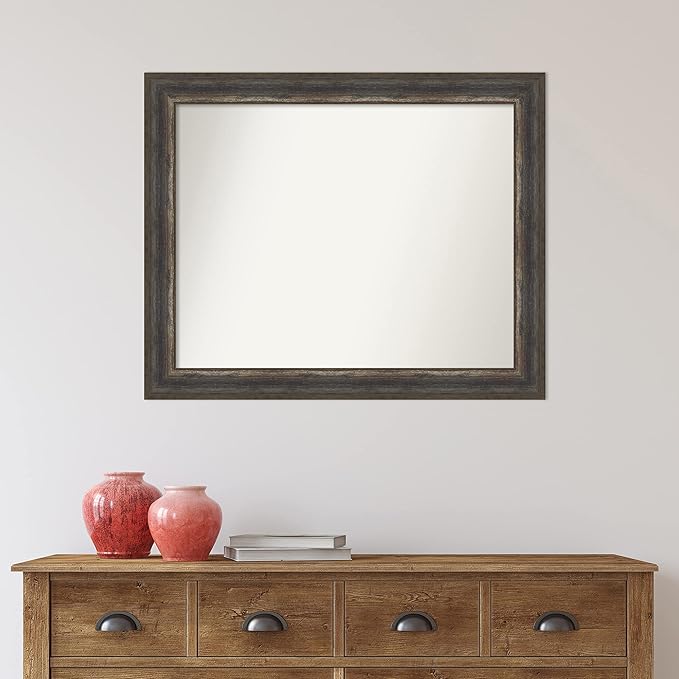Amanti Art Brown Bathroom Mirror for Over Sink, 27x33 Alta Rustic Char Rectangle Vanity Mirror, Large Country Rustic Frame, Hangs Horizonally and Vertically, Bathroom Wall Decor, Non-Beveled Edge