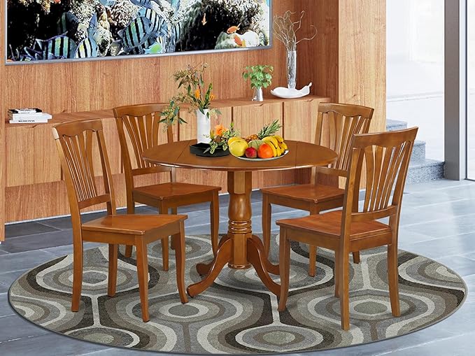 East West Furniture DLAV5-SBR-W 5 Piece Kitchen Table & Chairs Set Includes a Round Dining Room Table with Dropleaf and 4 Dining Chairs, 42x42 Inch, Saddle Brown