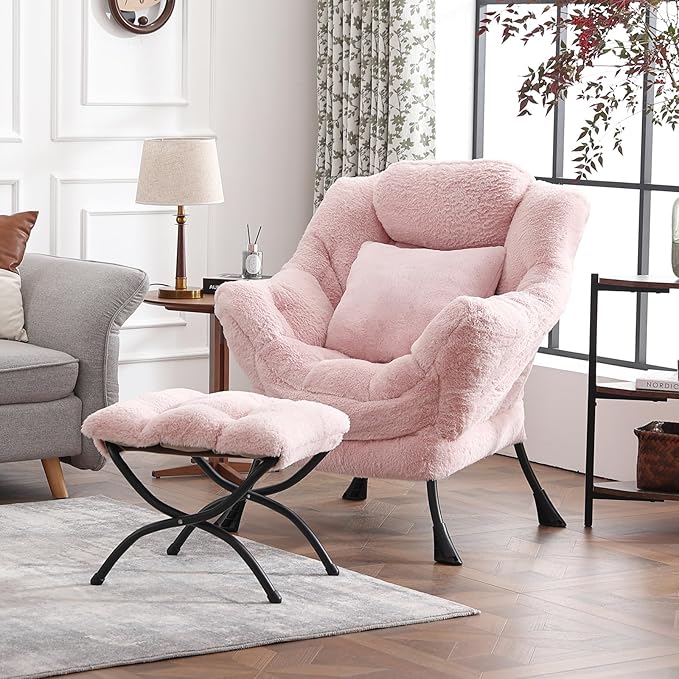 Large Lazy Chair with Ottoman, Accent Reading Chair with a Throw Pillow, Cozy Lounge Chair with Armrest, Leisure Sofa Chair for Living Room, Bedroom, Dorm, Plush Pink