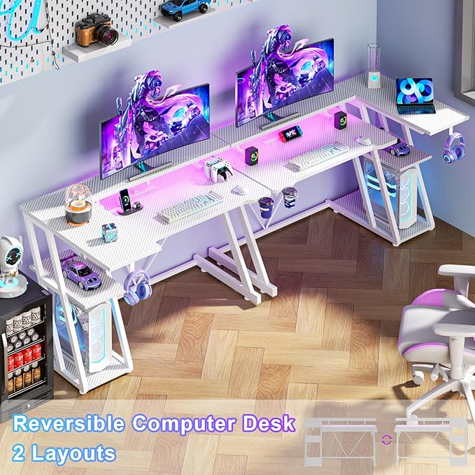 40 Inch Gaming Desk with Power Outlet & LED Lights, L Shaped Computer Gaming Table with 3 Tiers Storage Shelves, Corner Gamer Desk with Monitor Stand for Small Space, Carbon Fiber White