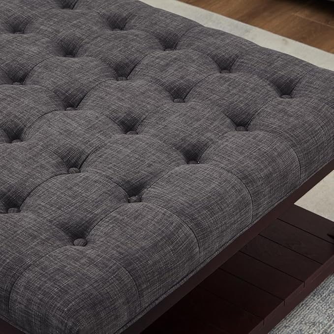 24KF Upholstered Square Coffee Table with Wooden Shelf, Tufted Button Large Square Ottoman with Spindle Wooden Legs, Linen Large Footrest Ottoman Pouf for Living Room, Dark Gray