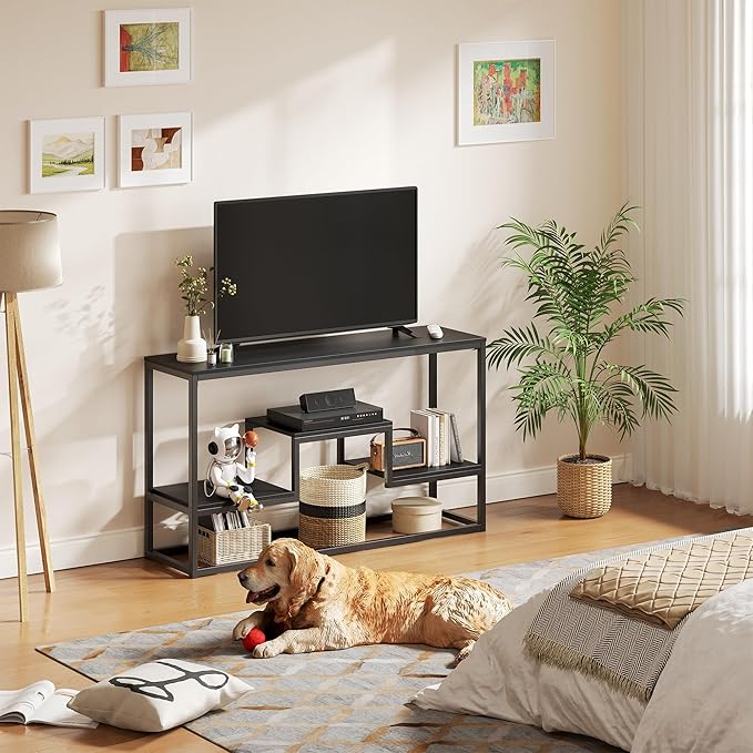 TV Stand for TVs up to 65 Inch, TV Console Table with 3-Tier Open Storage Shelves, Modern Industrial Entertainment Center for Living Room, Bedroom, Black