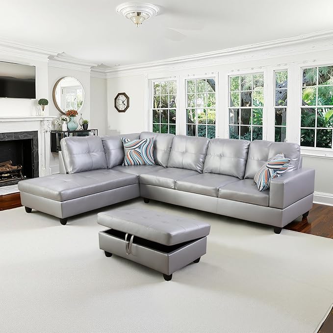 NicBex Sectional Couch 3 Pieces Sofa Set with Right Chaise Synthetic Leather L Shaped Cloud Couch for Living Room Furniture Sets with Storage Ottoman, Modular Sofa for Living Room & Apartment, Silver