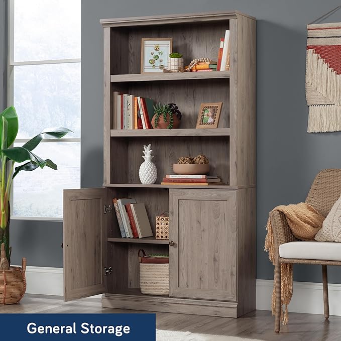 Sauder Miscellaneous Storage 5-Shelf Bookcase with Doors, L: 35.28" x W: 13.23" x H: 69.76", Laurel Oak Finish