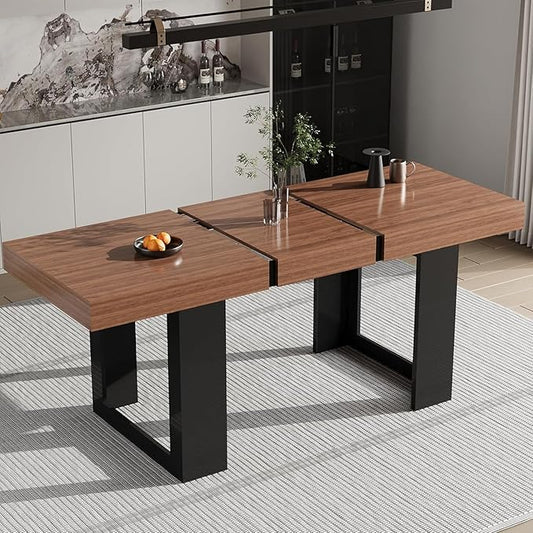 63"-78.74" Rectangular Extendable Dining Table for 6-10 People – Modern Farmhouse Wooden Kitchen Table with Brown Finish, Large Extendable Table for Dining Room or Conference Use