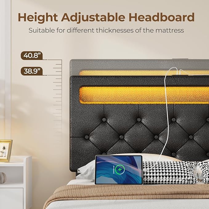 Rolanstar Twin Bed Frame with 4 Storage Drawers and Charging Station,Twin Bed with Led Lights, 2 USB & 1 Type C, Adjustable Headboard 38.9/40.8 Inches, No Box Spring Needed, Black