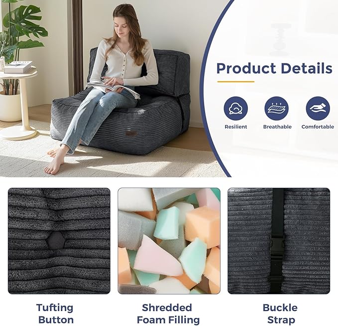 MAXYOYO Floor Sofa Bean Bag Sofa Couch, Comfy Floor Couch with Back Support, Portable Bean Bag with Filling, Corded Chair Seating for Living Room Bedroom Apartment, Dark Grey