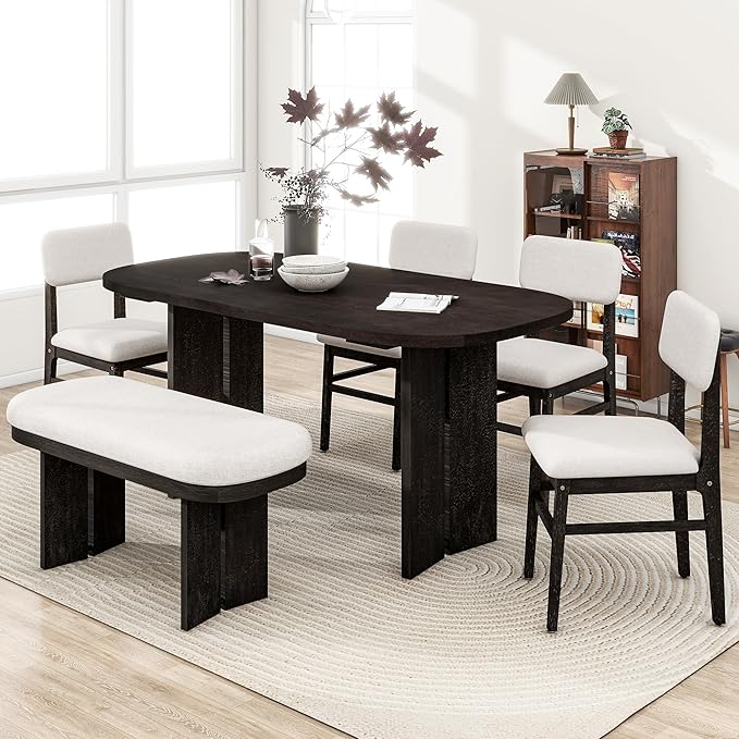 Merax Farmhouse Wooden Dining Set of 6, 65 Inch Rectangular Kitchen Table, Upholstered 4 Chairs with Backrest, Bench with Cushion, Easy Assemble, Espresso
