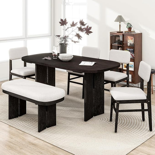 Merax Farmhouse Wooden Dining Set of 6, 65 Inch Rectangular Kitchen Table, Upholstered 4 Chairs with Backrest, Bench with Cushion, Easy Assemble, Espresso